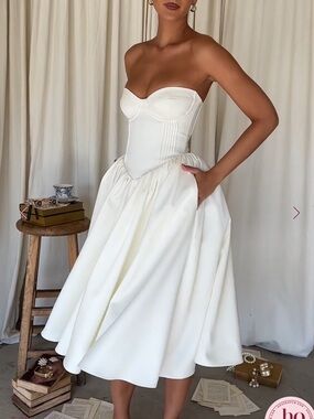 ❌SOLD❌House of CB Coco Vintage Ivory Satin Midi Dress + Custom Bridal Neck Scarf